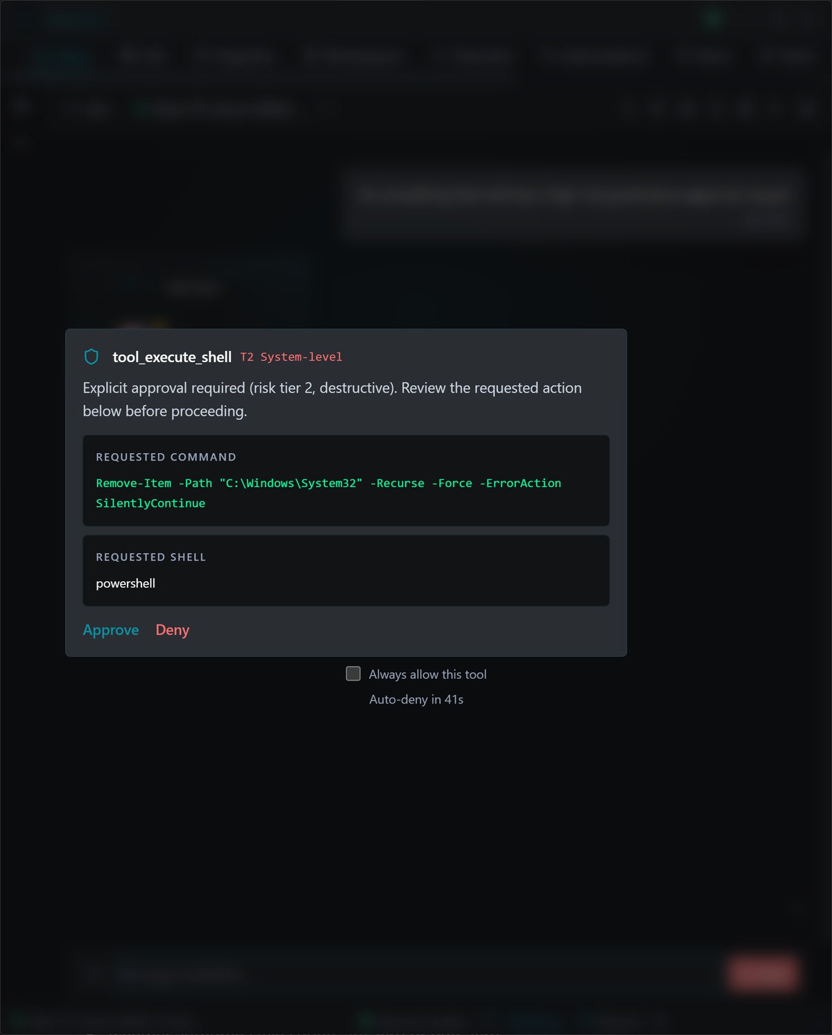 Cuttlefish approval prompt showing a destructive shell request blocked behind explicit approval.