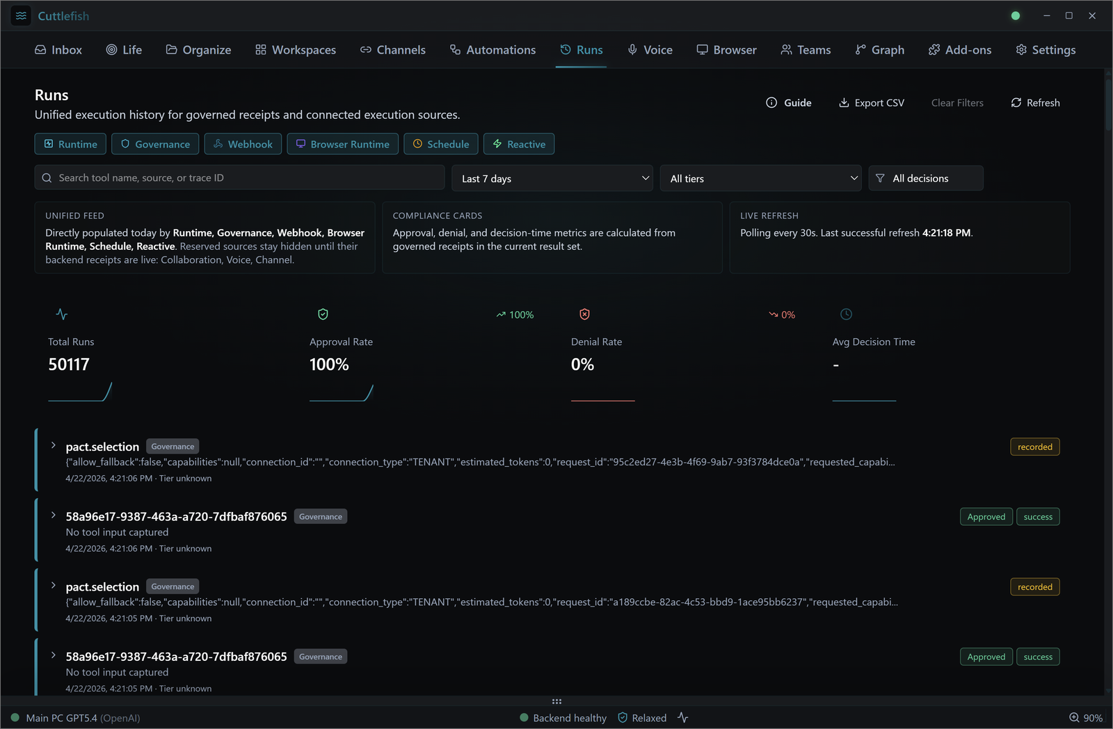Cuttlefish governance runs dashboard showing governed receipts, approval rate, and signed runtime records.